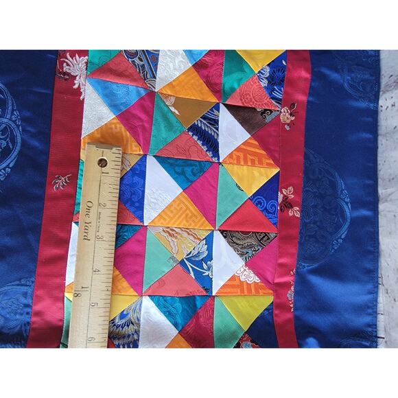 Silk Multi Color Triangle Quilted Table Runner With Fringe Possibly Handmade 36" - Picture 12 of 13